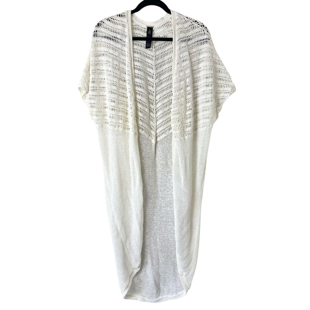 Chico’s Cream Crocheted Cardigan Duster Short Sleeved Sweater Size 2/ US 12